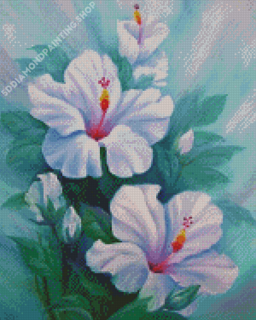 White Hibiscus Flowers Art Diamond Paintings