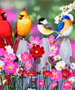 Birds On White Picket Fence Diamond Paintings