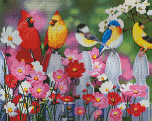 Birds On White Picket Fence Diamond Paintings