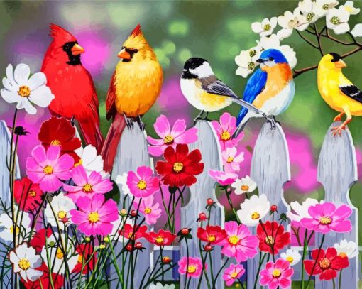 Birds On White Picket Fence Diamond Paintings