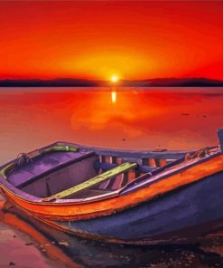 Boat In Beach With Red Sunset Diamond Painting