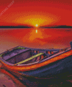 Boat In Beach With Red Sunset Diamond Painting