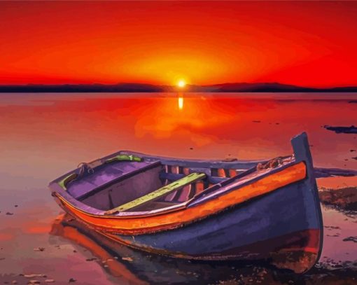 Boat In Beach With Red Sunset Diamond Painting