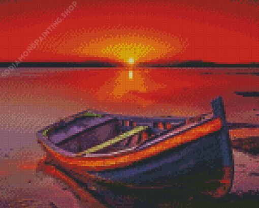 Boat In Beach With Red Sunset Diamond Painting