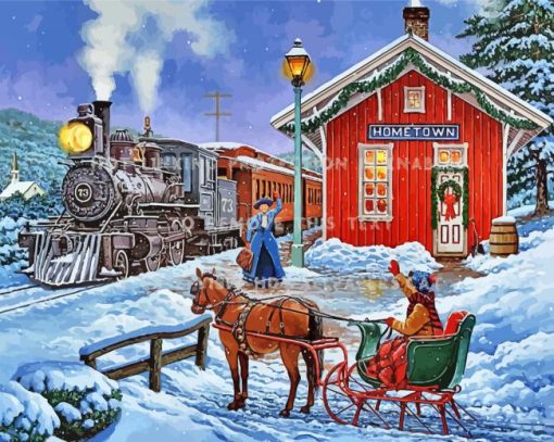 Christmas Train In Snow Diamond Paintings