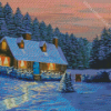 Cottage House In Frozen Forest Diamond Painting