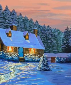 Cottage House In Frozen Forest Diamond Painting