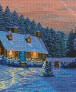 Cottage House In Frozen Forest Diamond Painting