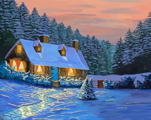 Cottage House In Frozen Forest Diamond Painting