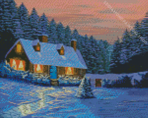 Cottage House In Frozen Forest Diamond Painting