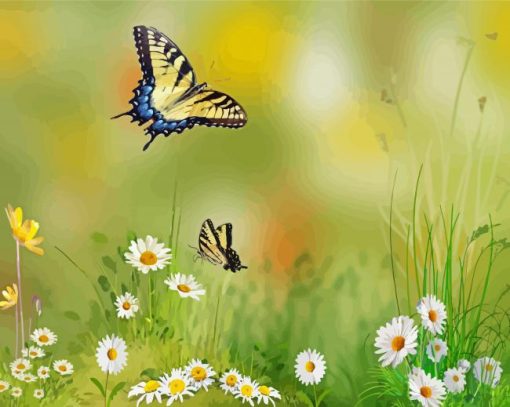 Daisy Flowers With Butterflies Diamond Paintings