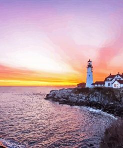 Headlight Portland Lighthouse Sunset Diamond Paintings