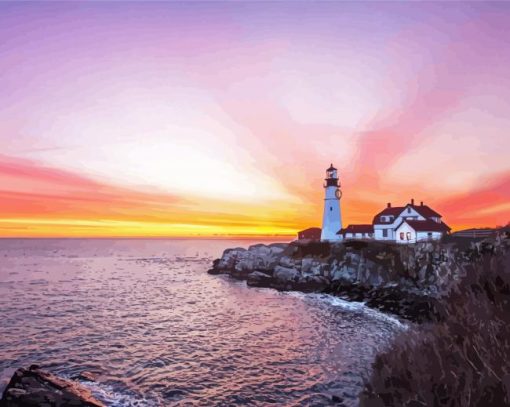 Headlight Portland Lighthouse Sunset Diamond Paintings