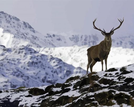 Mountain Deer In Snow Diamond Paintings