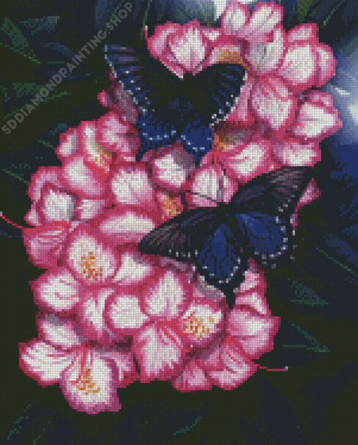 Pink Flowers With Butterflies Diamond Paintings