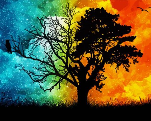 Silhouette Tree Night And Day Art Diamond Painting