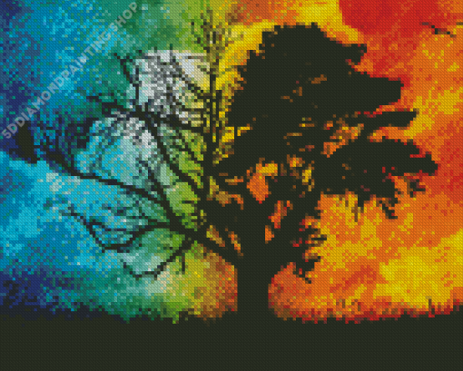 Silhouette Tree Night And Day Art Diamond Painting