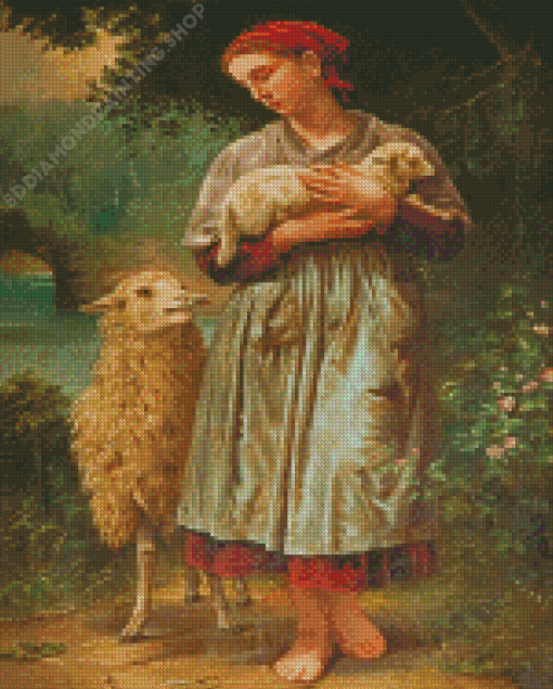 Vintage Girl With Sheep Diamond Paintings