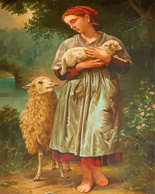 Vintage Girl With Sheep Diamond Paintings