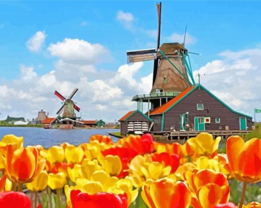 Amsterdam Zaanse Schans Tulips Diamond Painting