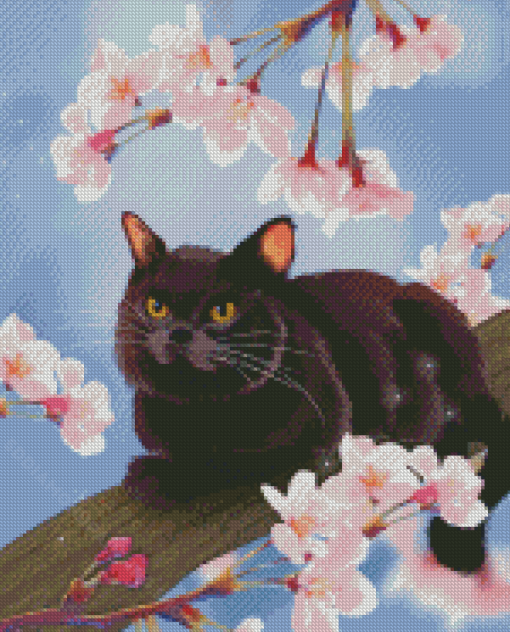 Black Cat In Cherry Tree Diamond Painting