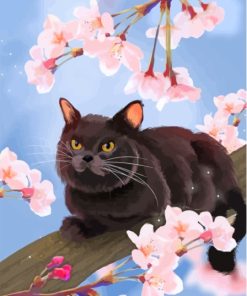 Black Cat In Cherry Tree Diamond Painting