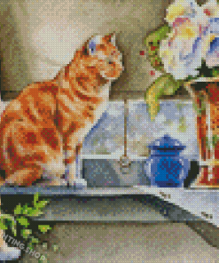 Cat And Flower Vase Diamond Painting