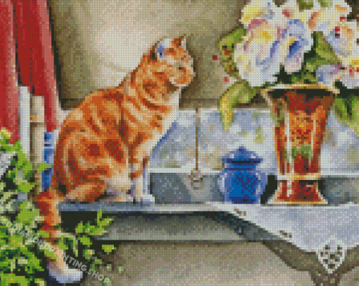 Cat And Flower Vase Diamond Painting