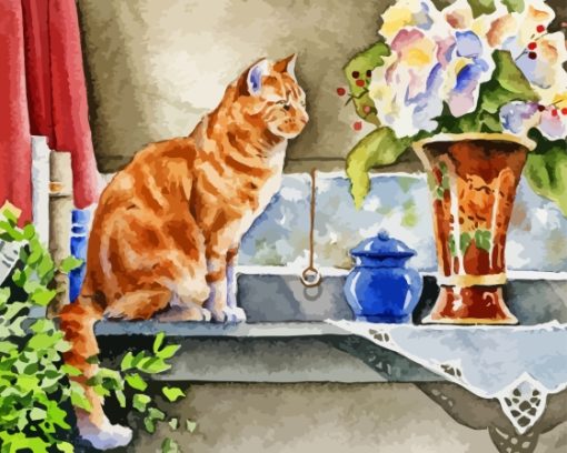 Cat And Flower Vase Diamond Painting