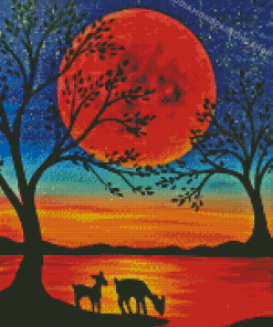 Deers In Moonlight Silhouette Diamond Painting