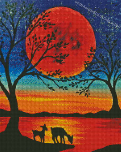 Deers In Moonlight Silhouette Diamond Painting