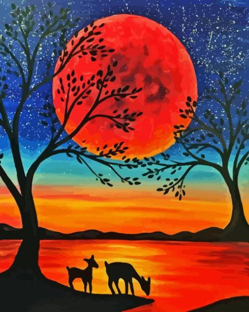 Deers In Moonlight Silhouette Diamond Painting