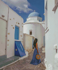 Girl In Blue Dress In Paros Alleys Diamond Painting