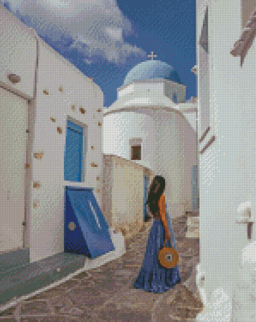 Girl In Blue Dress In Paros Alleys Diamond Painting