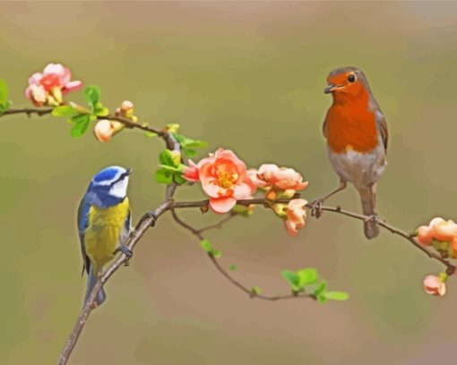 Robin And Blue Tit On Tree Diamond Painting