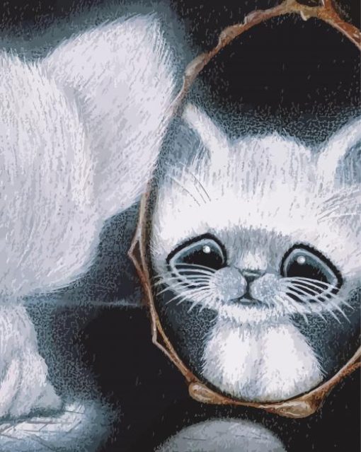 White Cat In The Mirror Diamond Painting