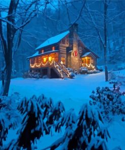 Christmas Snowfall Forest Cabin Diamond Painting