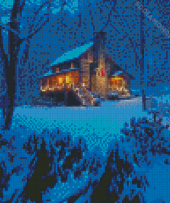 Christmas Snowfall Forest Cabin Diamond Painting