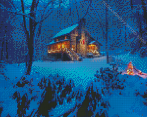 Christmas Snowfall Forest Cabin Diamond Painting