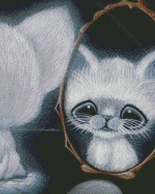 White Cat In The Mirror Diamond Painting