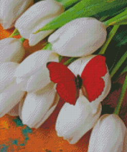 Red Butterfly On White Tulips Diamond Painting