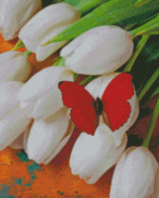 Red Butterfly On White Tulips Diamond Painting