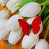 Red Butterfly On White Tulips Diamond Painting