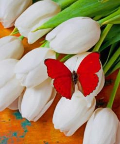 Red Butterfly On White Tulips Diamond Painting