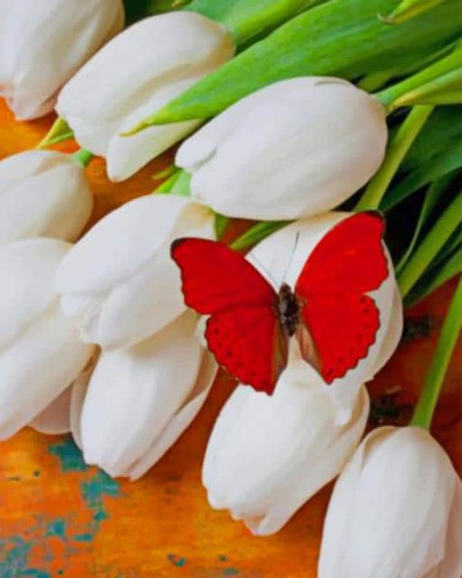 Red Butterfly On White Tulips Diamond Painting