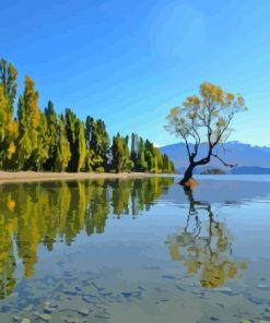 Wanaka Lake Trees Reflection Diamond Painting