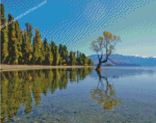 Wanaka Lake Trees Reflection Diamond Painting