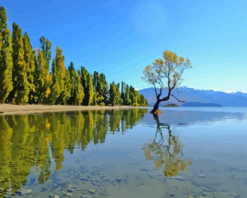 Wanaka Lake Trees Reflection Diamond Painting