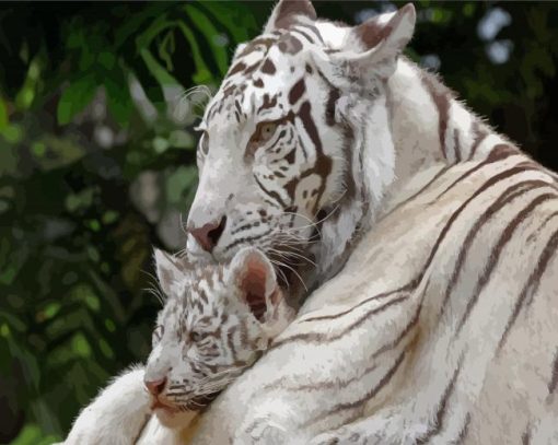 White Mama Tiger And Baby Diamond Painting