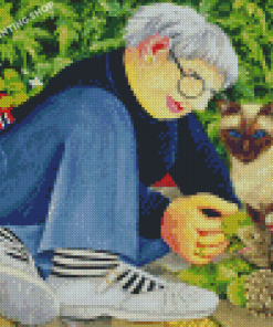 Woman With Her Cat And Turtles By Beryl Book Diamond Painting